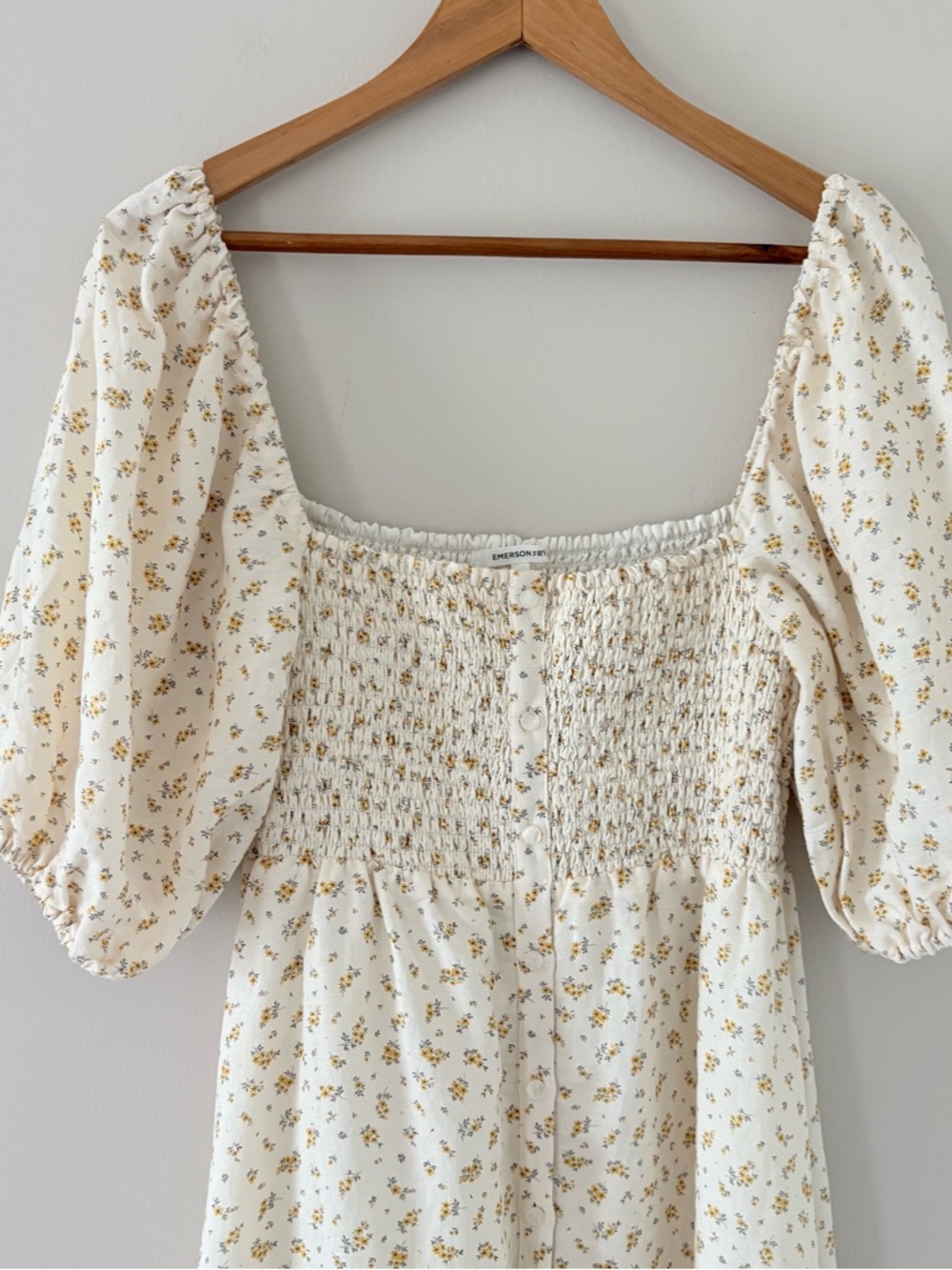Emerson Fry Santiago Maxi Dress Anne Flowers Gold Linen Puff Sleeves Size M - Picture 5 of 14